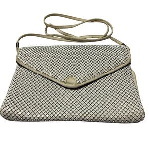 Whiting & Davis Vintage White Mesh Clutch Leather Trim Handbag Purse